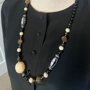 Vintage Chinese Themed Carved Beaded Black & Ivory Statement Necklace